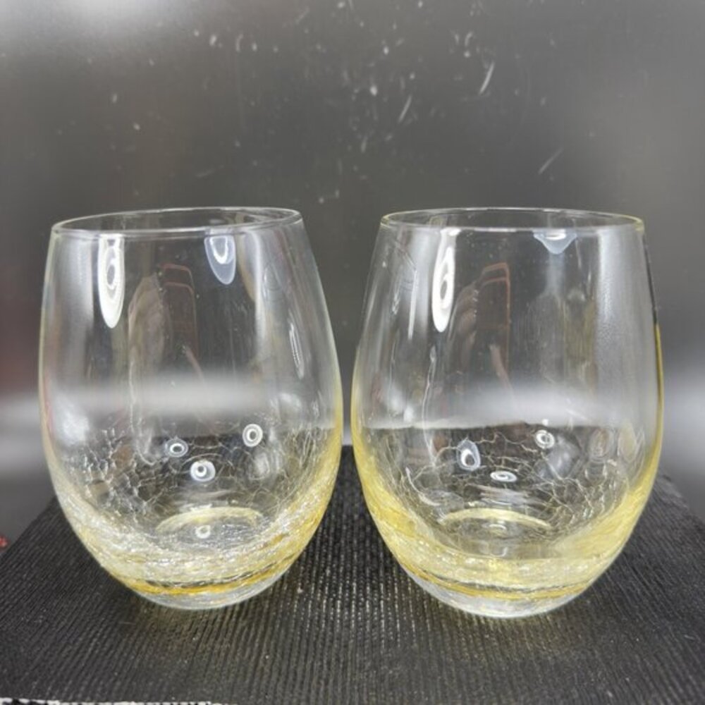 Pier 1 Crackled Glass Glasses‎ Cups Tumbler Set 2 Yellow Crackle Glass Glasses